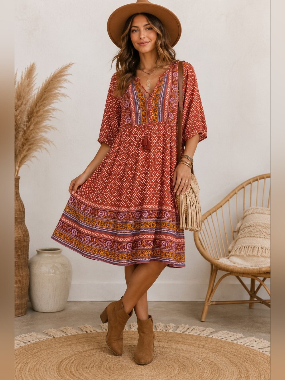 Knox Rose Boho Printed Peasant Mini Dress with Pockets Size Small